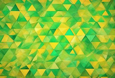 The primary subject of the image is a large, colorful, and intricate pattern of triangles and squares. The setting is a green background, which adds to the vibrant and lively atmosphere of the scene. The visual style is a combination of digital art and illustration, creating a unique and eye-catching design. The dominant colors are green, yellow, and orange, which contribute to the overall mood of the image, which is energetic and lively.