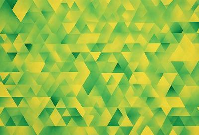 The primary subject of the image is a large, colorful, and intricate pattern of triangles. The pattern is predominantly green, with some yellow and other colors mixed in. The setting is a wall, and the visual style appears to be a combination of digital art and illustration. The overall atmosphere is vibrant and lively, with the triangular pattern creating a dynamic and engaging visual experience.