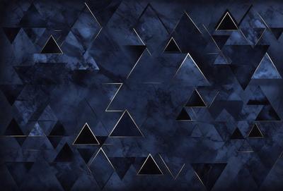 The primary subject of the image is a pattern of triangles, which are arranged in a geometric design. The setting is a blue background, which adds a sense of depth and contrast to the pattern. The visual style of the image is a combination of digital art and illustration, creating a unique and intricate design. The dominant colors in the image are blue and gold, which contribute to a calm and sophisticated atmosphere.