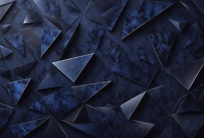The primary subject of the image is a blue wall with a pattern of triangles. The setting is a room with a blue background, and the visual style appears to be a combination of digital art and illustration. The dominant colors are blue and black, creating a calm and serene atmosphere.