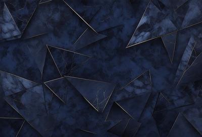 The primary subject of the image is a blue wall with a pattern of triangles. The setting is a room with a blue background, and the visual style appears to be a digital art or illustration. The dominant colors are blue and gold, creating a calm and soothing atmosphere.