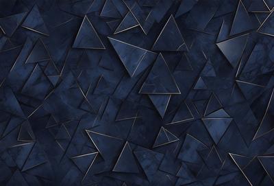 The primary subject of the image is a blue wall with a pattern of triangles. The setting is a room with a blue background, and the visual style appears to be a combination of digital art and illustration. The dominant colors are blue and black, creating a calm and soothing atmosphere.