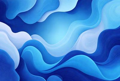 The primary subject of the image is a blue ocean with waves. The setting is a blue sky, and the visual style is digital art. The dominant colors are blue and white, creating a serene and calming atmosphere.