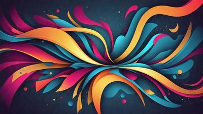 The primary subject of the image is a colorful, abstract design featuring a mix of blue, yellow, and orange colors. The setting is a dark blue background, which contrasts with the vibrant colors of the design. The visual style appears to be a combination of digital art and illustration, creating a unique and eye-catching pattern. The overall atmosphere is energetic and lively, with the bold colors and intricate patterns capturing the viewer's attention.
