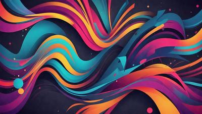The primary subject of the image is a colorful, abstract artwork featuring a swirling pattern of blue, yellow, and orange colors. The setting is a dark background, which contrasts with the vibrant colors of the artwork. The visual style is a combination of digital art and illustration, creating a dynamic and eye-catching piece. The dominant colors and overall atmosphere of the image are energetic, lively, and full of life.