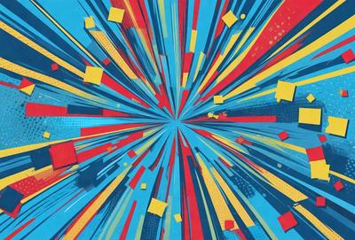 The primary subject of the image is a colorful, abstract design featuring a mix of red, blue, yellow, and orange colors. The setting is a blue and red background, which adds to the vibrant atmosphere of the design. The visual style is a combination of digital art and illustration, creating a unique and eye-catching pattern. The colors and mood of the image are energetic, lively, and full of life, making it an engaging and captivating piece of art.
