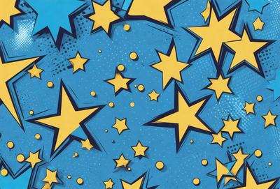 The primary subject of the image is a blue starry background with yellow stars. The setting is a space-themed environment, and the visual style is a combination of digital art and illustration. The dominant colors are blue and yellow, creating a vibrant and lively atmosphere.