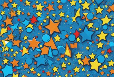 The primary subject of the image is a colorful and vibrant star pattern. The setting is a blue background, which complements the stars' colors. The visual style is a combination of digital art and illustration, creating a unique and eye-catching design. The dominant colors are blue, yellow, and orange, giving the pattern a lively and cheerful atmosphere.