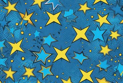 The primary subject of the image is a blue and yellow star pattern. The setting is a blue and yellow star-filled background, which creates a vibrant and lively atmosphere. The visual style is a combination of digital art and illustration, giving the image a unique and creative appearance. The colors and mood of the image are energetic and uplifting, with the blue and yellow stars creating a sense of movement and dynamism.