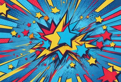 The primary subject of the image is a colorful star, which is the main focus of the scene. The setting is a blue and yellow background, giving the image a vibrant and lively appearance. The visual style is a combination of digital art and illustration, creating a dynamic and engaging image. The dominant colors are blue and yellow, which evoke a sense of energy and excitement.