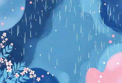 The primary subject of the image is a blue sky with rain falling. The setting is a nighttime scene with a dark blue background. The visual style is a digital art or illustration, creating a moody and atmospheric mood. The colors are predominantly blue, with some white clouds and rain drops, giving the scene a serene and calming atmosphere.