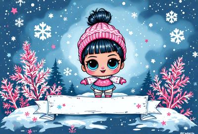 The primary subject of the image is a small, cute, and colorful snowman. The snowman is wearing a pink hat and a pink and white sweater. The setting is a snowy environment, with a tree in the background. The visual style is a digital art or illustration, creating a whimsical and playful atmosphere. The dominant colors are pink, white, and blue, which contribute to the overall cheerful and festive mood of the scene.