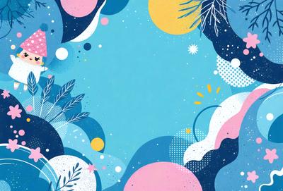 The primary subject of the image is a blue and white background with a variety of colorful circles and stars. The setting is a blue sky, and the visual style is a combination of digital art and illustration. The dominant colors are blue and white, creating a calm and serene atmosphere.