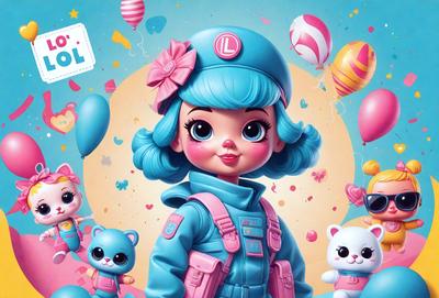 The primary subject of the image is a cartoon girl dressed in a blue outfit, wearing a hat and carrying a backpack. She is surrounded by various balloons and teddy bears, creating a playful and colorful atmosphere. The setting is a whimsical, imaginative world, likely a children's book or a cartoon. The visual style is a combination of digital art and illustration, with vibrant colors and a sense of fun and adventure.