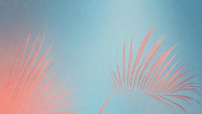 The primary subject of the image is a close-up of a pink and white palm tree. The setting is a blue background, which creates a contrasting and visually appealing scene. The visual style is a combination of a photo and a drawing, giving the image a unique and artistic appearance. The colors and mood of the image are predominantly pink and white, creating a warm and inviting atmosphere.