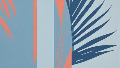 The primary subject of the image is a large, colorful painting featuring a blue and pink background. The painting is displayed on a blue wall, creating a striking contrast between the artwork and the background. The visual style of the painting appears to be a combination of digital art and illustration, giving it a unique and vibrant appearance. The dominant colors in the painting are blue and pink, which contribute to the overall mood of the artwork, evoking a sense of energy and creativity.