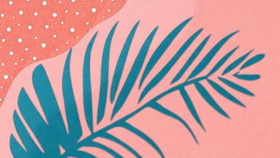 The primary subject of the image is a large palm tree with blue and pink hues. The tree is casting a shadow on a pink background, creating a visually striking scene. The visual style of the image is a combination of digital art and illustration, giving it a unique and artistic appearance. The colors and mood of the image are predominantly pink and blue, creating a warm and inviting atmosphere.
