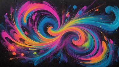 The primary subject of the image is a colorful, swirling, and abstract artwork. The setting is a black background, which contrasts with the vibrant colors of the artwork. The visual style is a combination of digital art and illustration, creating a unique and eye-catching piece. The dominant colors are pink, blue, and yellow, which contribute to a lively and energetic atmosphere.