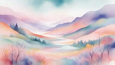 The primary subject of the image is a beautiful landscape featuring a river flowing through a valley with mountains in the background. The setting is a picturesque outdoor scene with a serene atmosphere. The visual style of the image is a combination of digital art and illustration, creating a vibrant and colorful representation of the landscape. The dominant colors in the image include shades of pink, blue, and green, which contribute to the overall mood of the scene.
