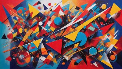 The primary subject of the image is a colorful and abstract painting. The painting features a variety of shapes, colors, and patterns, creating a visually stimulating and dynamic composition. The setting is a white wall, which serves as a clean and neutral backdrop for the painting. The visual style of the painting is a mix of digital art and illustration, with a focus on vibrant colors and intricate patterns. The overall atmosphere of the painting is energetic and lively, inviting the viewer to explore the various elements