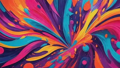 The primary subject of the image is a vibrant, colorful painting featuring a swirling, abstract design. The painting is set against a backdrop of a colorful, swirling background, which adds to the overall visual appeal. The painting appears to be a digital art or illustration, showcasing a unique and creative style. The dominant colors in the painting are bright and bold, creating a lively and energetic atmosphere.