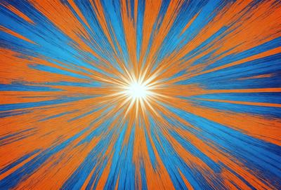 The primary subject of the image is a bright, colorful sun. The setting is a vibrant, swirling background that adds to the overall atmosphere. The visual style is a combination of a photo and digital art, creating a unique and eye-catching effect. The dominant colors are orange and blue, which contribute to the energetic and lively mood of the scene.