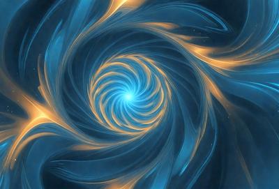 The primary subject of the image is a spiral pattern, which is the main object, scene, or focus of the image. The spiral pattern is set against a blue background, giving it a vibrant and lively appearance. The visual style of the image is digital art, as it is a computer-generated design. The dominant colors in the image are blue and yellow, creating a sense of energy and movement.
