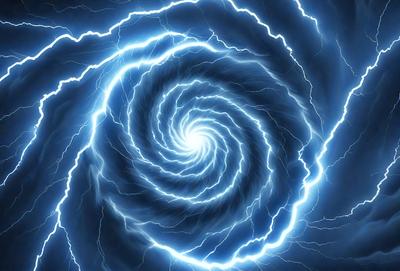 The primary subject of the image is a spiral-shaped lightning bolt, which is the main object, scene, or focus of the image. The setting or background of the image is a dark, blue-tinged space, which adds to the overall atmosphere. The visual style of the image is a digital art or illustration, as it is a well-crafted and detailed representation of the lightning bolt. The colors and mood of the image are predominantly dark and moody, with the blue hue