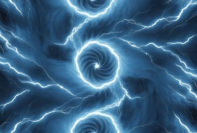 The primary subject of the image is a spiral pattern, which is displayed in a blue background. The spiral pattern is composed of two distinct spirals, each with a different orientation. The setting appears to be a digital art or illustration, as the spirals are depicted with a vibrant blue color and a lightning effect. The overall atmosphere of the image is dynamic and visually appealing.