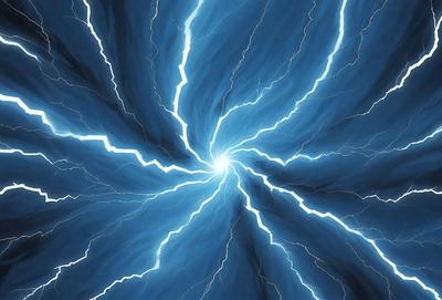 The primary subject of the image is a bright blue background with a swirling pattern of lightning bolts. The setting appears to be a dark, stormy sky, with the lightning bolts creating a dramatic and intense atmosphere. The visual style of the image is a digital art or illustration, with the lightning bolts and swirling pattern creating a dynamic and captivating scene. The colors and mood of the image are predominantly dark and moody, with the bright blue background and lightning bol
