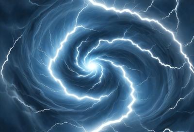 The primary subject of the image is a spiral-shaped lightning bolt, which is the main object, scene, or focus of the image. The setting or background features a blue, swirling surface, which adds to the overall atmosphere of the image. The visual style of the image is digital art, as it is a digital illustration of a lightning bolt. The dominant colors in the image are blue and white, creating a sense of movement and energy.