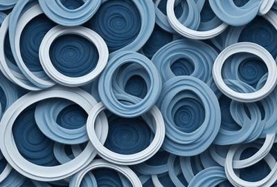 The primary subject of the image is a large collection of blue and white plastic rings. These rings are arranged in a visually appealing manner, creating a sense of depth and dimension. The setting is a blue background, which contrasts nicely with the rings' colors. The visual style is a combination of photo and digital art, as the rings are arranged in a way that resembles a painting or a digital artwork. The colors and mood of the image are predominantly blue and white, giving it a clean and modern appearance