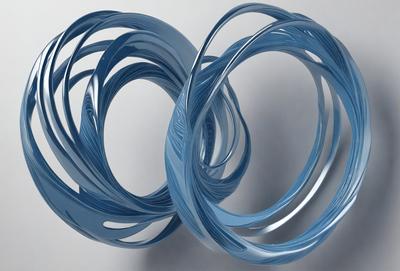 The primary subject of the image is a pair of blue, curved, and intertwined sculptures. They are positioned in a white, empty space, which serves as the setting and background. The visual style of the image is a combination of photo and digital art, creating a unique and intriguing appearance. The dominant colors in the image are blue, which gives the sculptures a striking and calming appearance. The overall atmosphere of the image is one of creativity and artistic expression.