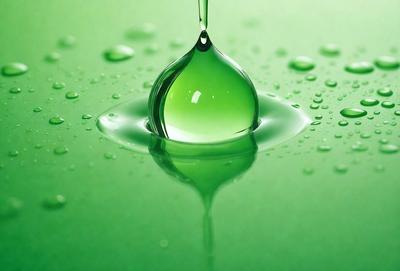 The primary subject of the image is a green glass ball, which is floating on a green surface. The setting appears to be a water-based environment, possibly a swimming pool or a pond. The visual style of the image is a close-up of the green glass ball, emphasizing its unique color and texture. The colors and mood of the image are predominantly green, creating a serene and calming atmosphere.