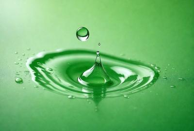 The primary subject of the image is a green surface with a drop of water falling onto it. The setting is a green background, and the visual style appears to be a photo. The colors in the image are predominantly green, creating a calm and serene atmosphere.