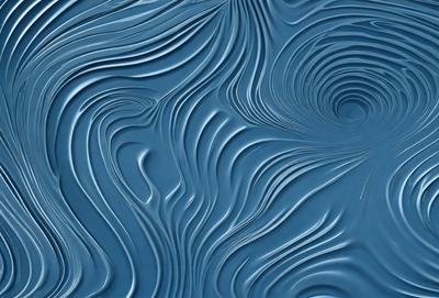 The primary subject of the image is a blue, swirling, and wavy surface, which appears to be a blue ocean or a blue-tinted wall. The setting is a large body of water, and the visual style is a combination of a photo and a digital art or illustration. The colors and mood of the image are predominantly blue, creating a serene and calming atmosphere.