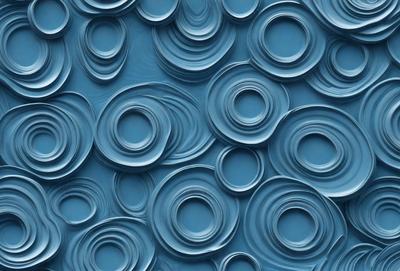 The primary subject of the image is a blue background with a pattern of round shapes, which appear to be made of clay or ceramic. The setting is a blue wall, and the visual style is a combination of a photo and digital art. The colors and mood of the image are predominantly blue, creating a calm and serene atmosphere.