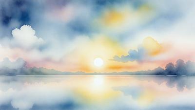 The primary subject of the image is a beautiful sunset over a body of water. The sun is setting behind the clouds, creating a warm and serene atmosphere. The setting includes a beach and a body of water, which adds to the picturesque scene. The visual style of the image is a painting, which adds a sense of artistic expression and creativity to the scene. The colors and mood of the painting are predominantly warm and inviting, with the sunset creating a sense of tranquility and relaxation.