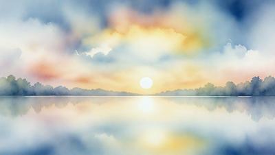 The primary subject of the image is a beautiful sunset over a body of water. The sun is setting behind the water, creating a warm and serene atmosphere. The setting includes a forest in the background, adding a sense of depth and natural beauty to the scene. The visual style of the image is a combination of digital art and illustration, creating a vibrant and captivating representation of the sunset. The colors and mood of the image are predominantly warm and inviting, with the sun's rays casting