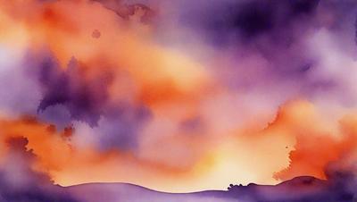 The primary subject of the image is a beautiful sunset with a purple sky. The setting is a hillside with a tree in the foreground, and the visual style is a painting or drawing. The colors and mood of the scene are warm and serene, creating a peaceful atmosphere.