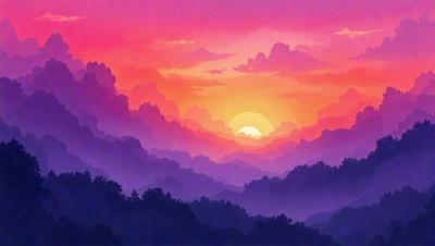 The primary subject of the image is a beautiful sunset, with the sun setting behind a mountain range. The setting is a mountainous landscape, and the visual style is an illustration or drawing. The colors and mood of the image are warm and serene, with the sunset casting a warm glow over the mountains and the sky.