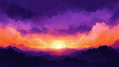 The primary subject of the image is a beautiful sunset over a mountain range. The sun is setting behind the mountains, casting a warm glow on the landscape. The setting/background features a mountain range with trees, creating a serene and picturesque scene. The visual style of the image is a combination of digital art and illustration, with the sunset and mountain range depicted in a detailed and artistic manner. The colors and mood of the image are predominantly warm and calming, with the sunset's h