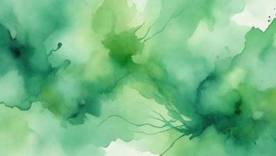 The primary subject of the image is a green plant with long, thin stems. The plant is surrounded by a watercolor-like background, giving the scene a vibrant and lively appearance. The visual style of the image is a combination of a photo and a painting, creating a unique and artistic representation of the plant. The colors and mood of the image are predominantly green, with a touch of blue, which adds to the natural and serene atmosphere of the scene.