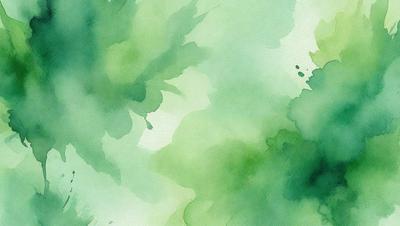 The primary subject of the image is a green plant with water droplets on it. The setting is a green background, and the visual style is a watercolor painting. The colors and mood of the image are predominantly green, with a sense of freshness and natural beauty.