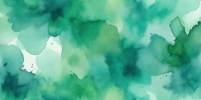 The primary subject of the image is a close-up of a green leaf. The setting is a watercolor painting, which gives the image a vibrant and artistic visual style. The dominant colors are green and blue, creating a serene and natural atmosphere.