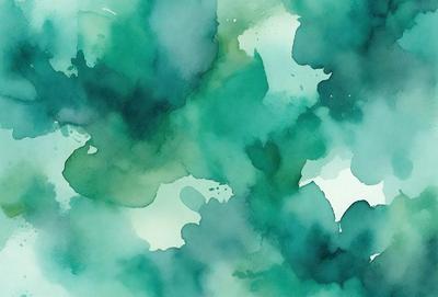 The primary subject of the image is a green and blue watercolor painting featuring a leafy pattern. The setting is a watercolor painting, and the visual style is a watercolor painting. The dominant colors in the painting are green and blue, creating a serene and natural atmosphere.