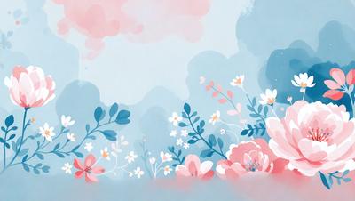 The primary subject of the image is a beautiful floral arrangement, featuring a variety of pink and white flowers. The setting is a blue background, which adds a sense of calmness and tranquility to the scene. The visual style is a combination of digital art and illustration, creating a vibrant and lively atmosphere. The colors and mood of the image are predominantly pink and white, evoking feelings of warmth, love, and happiness.