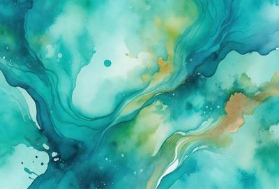 The primary subject of the image is a painting of a blue and green ocean with a yellow and green background. The painting is a watercolor, which gives it a unique visual style. The colors and mood of the painting evoke a sense of tranquility and serenity, as the ocean is often associated with calmness and relaxation.