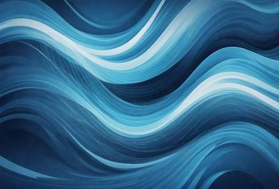The primary subject of the image is a blue ocean wave. The setting is the ocean, and the visual style is a digital art or illustration. The dominant colors are blue and white, creating a serene and calming atmosphere.