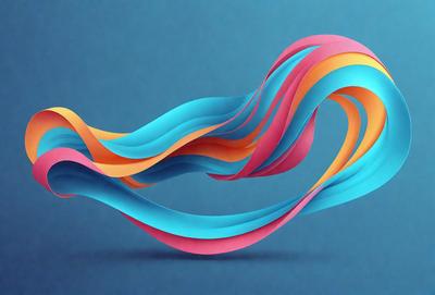 The primary subject of the image is a colorful, swirling design that resembles a kite or a piece of art. The design is composed of various colors, including blue, pink, orange, and yellow. The setting is a blue background, which provides a contrasting and complementary color to the swirling design. The visual style of the image is a combination of digital art and illustration, creating a vibrant and dynamic appearance. The overall atmosphere of the image is lively and energetic, with